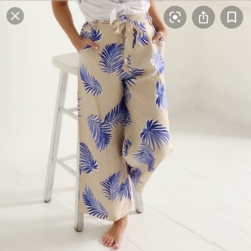 FRNCH Wide Leg Palm Leaf Pants, Crinkle, Taupe and Blue, Boho, High Rise Small